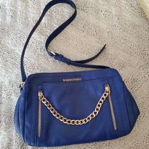 VTG B. MAKOWSKY Cobalt Blue Leather Shoulder Handbag Gold Zips Chain Accent EUC